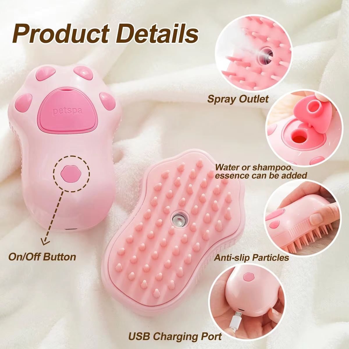 3-in-1 Electric Steam Grooming Brush for Cats & Dogs — Rechargeable Pet Hair Remover
